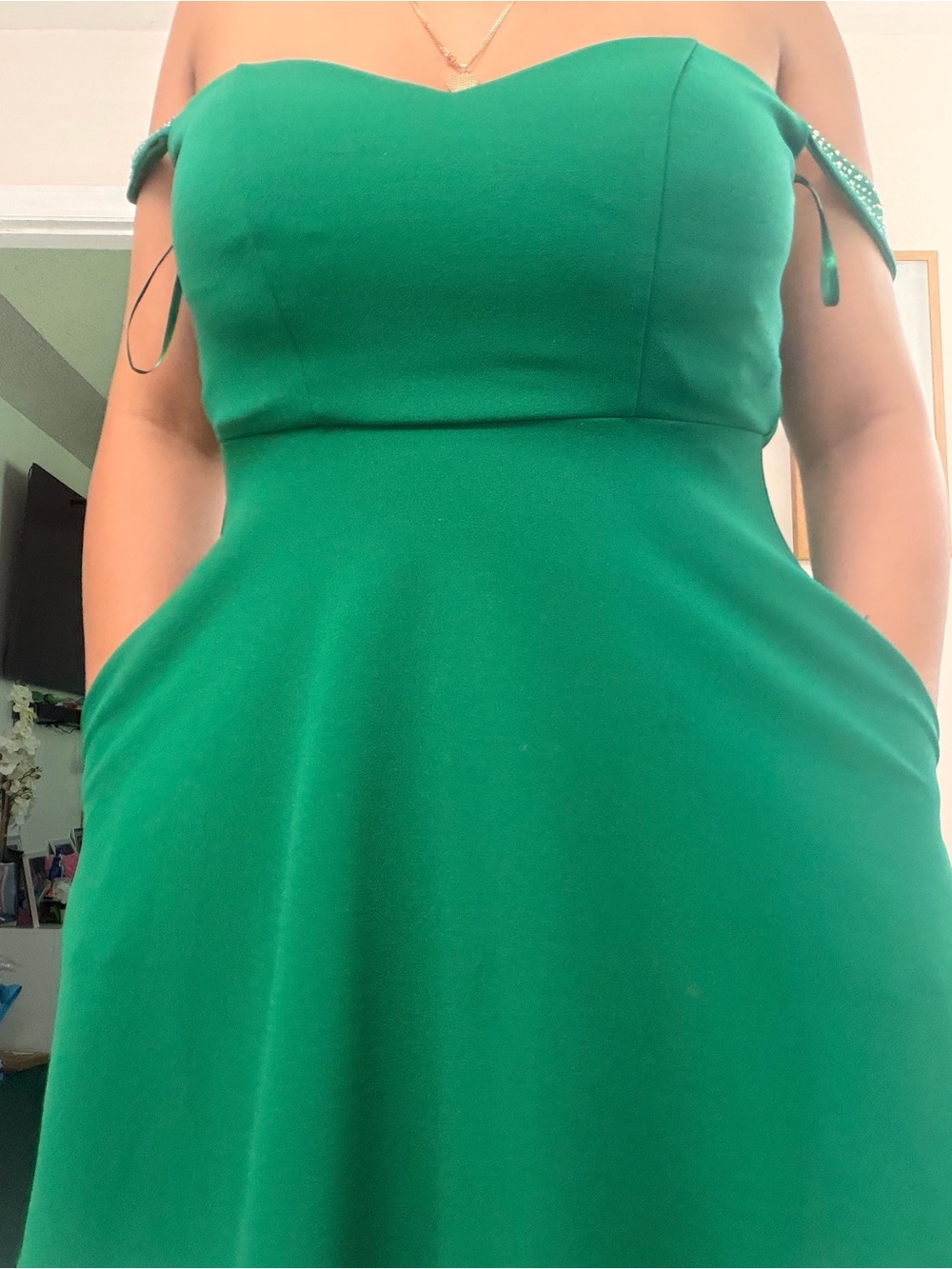 Off-Shoulder Green Women’s Fit & Flare Dress